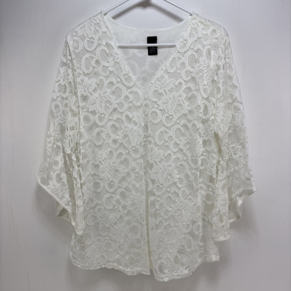 Lildy Womens White Boho Feminine Cottagecore Lace Tunic Bell‎ Sleeves Size L-XL